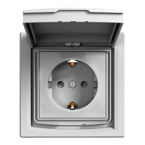 Asfora EPH3100361 vízmentes földelt csatlakozóaljzat, gyermekvédelemmel, csapófedéllel, aluminium burkolattal és kerettel, IP44